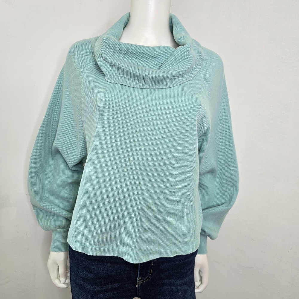 Anthropologie Pilcro Waffle Knit Thermal Sweater Top Cowl Neck Puff Slv Size S